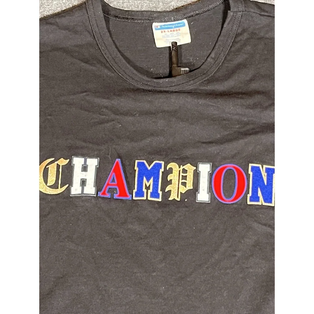 Vintage Champion Shirt Mens 2XL Black Embroidered Script Colorful Crew‎ Neck